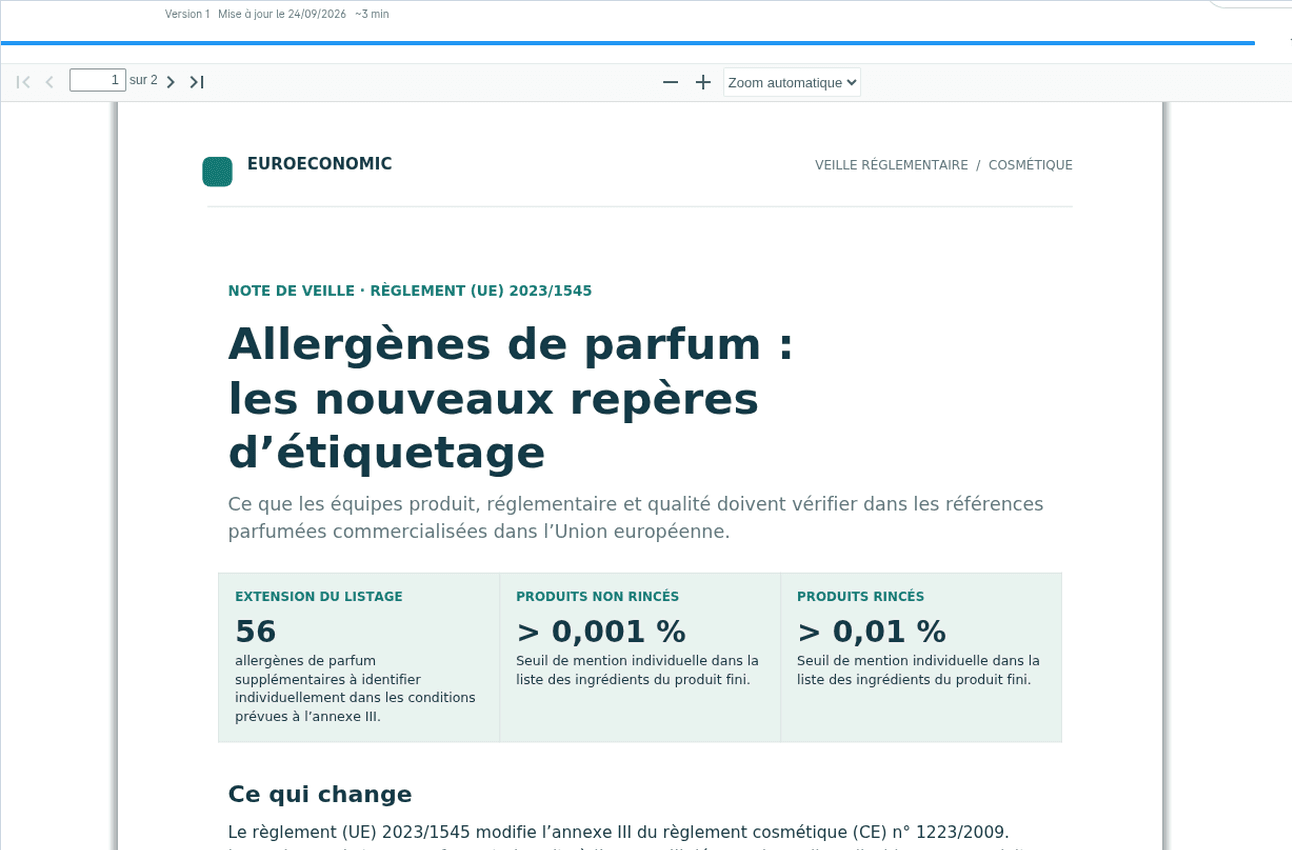 Lecteur Europeconomic affichant le PDF de veille sur les allergènes de parfum et les repères d’étiquetage.